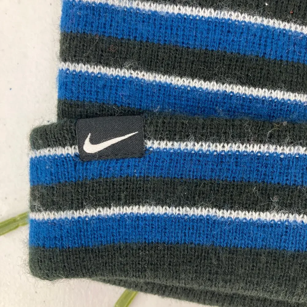 Nike Blue Black White Stripe Knit Cuff Swoosh Logo OSFM Youth Beanie Winter Hat